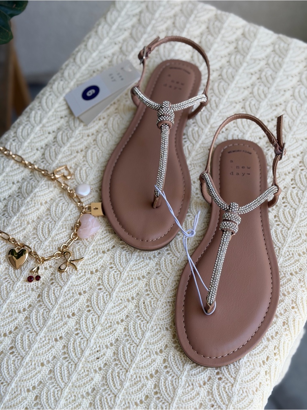 a new day Tan Rhinestone Knot T-Strap Sandals - Picture 3 of 7